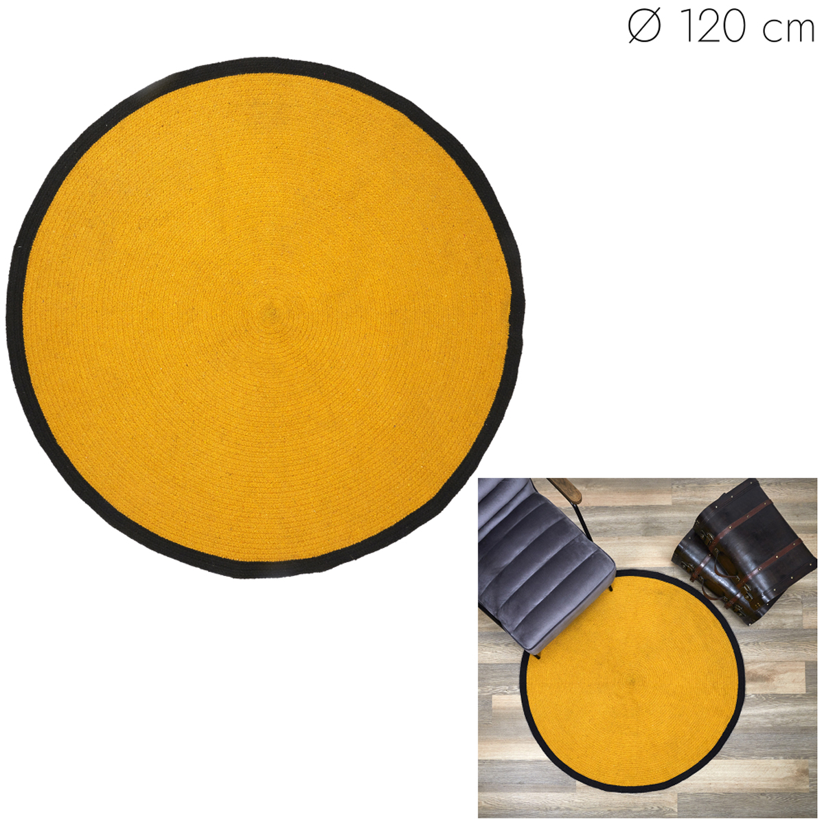 Tapis coton \'Boho\' jaune moutarde - 120 cm  - [A3512]