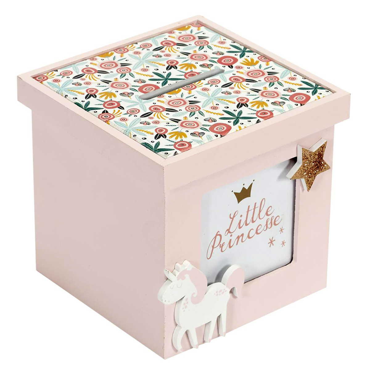 Tirelire bois cube \'Licorne My Unicorn\' rose (Little Princesse) - 12x11x11 cm - [A3648]