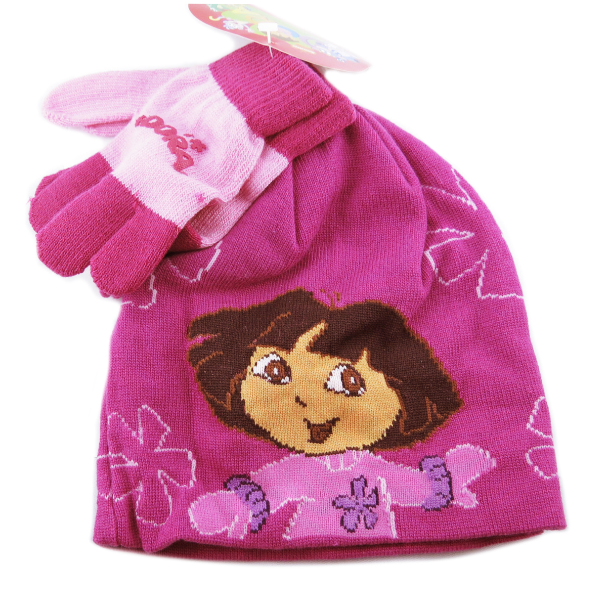 Ensemble gants et bonnet \'Dora l\'Exploratrice\' rose violet - taille unique - [C1621]