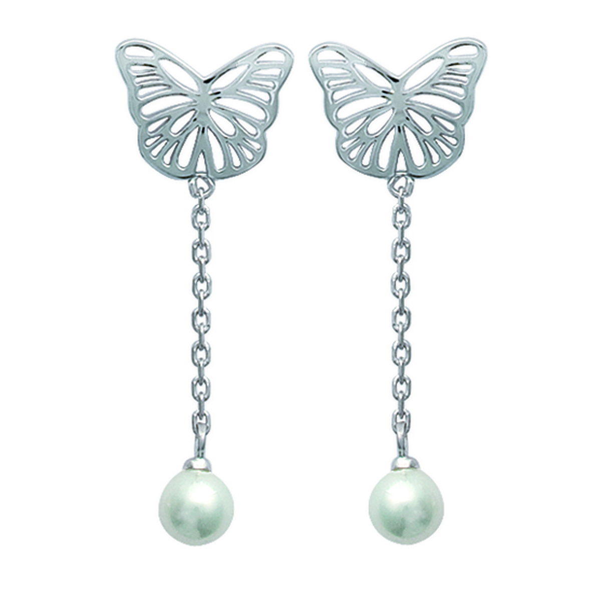Boucles Argent \'Papillon de Coton\' Blanc argenté (rhodié) - 40x14 mm - [F0325]