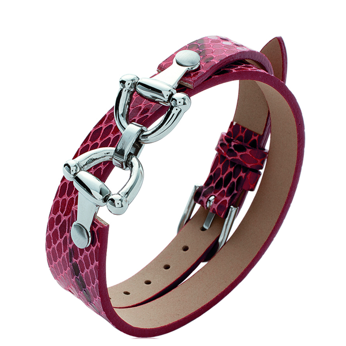 Bracelet cuir acier \'Diane\' rouge python argenté - 8 mm - [I4709]