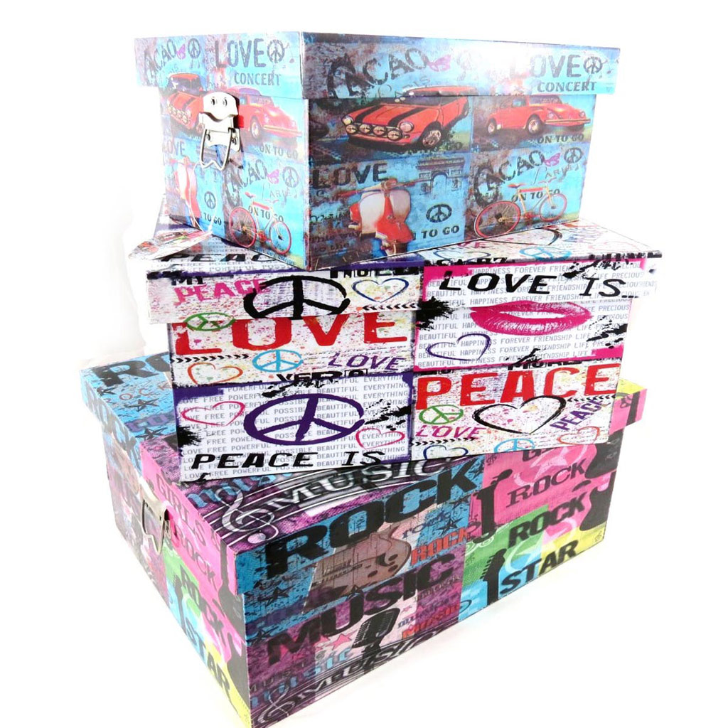 Set de 3 boîtes à souvenirs bois \'Rock Music\' tutti frutti - 39x30x17 cm - [I6270]
