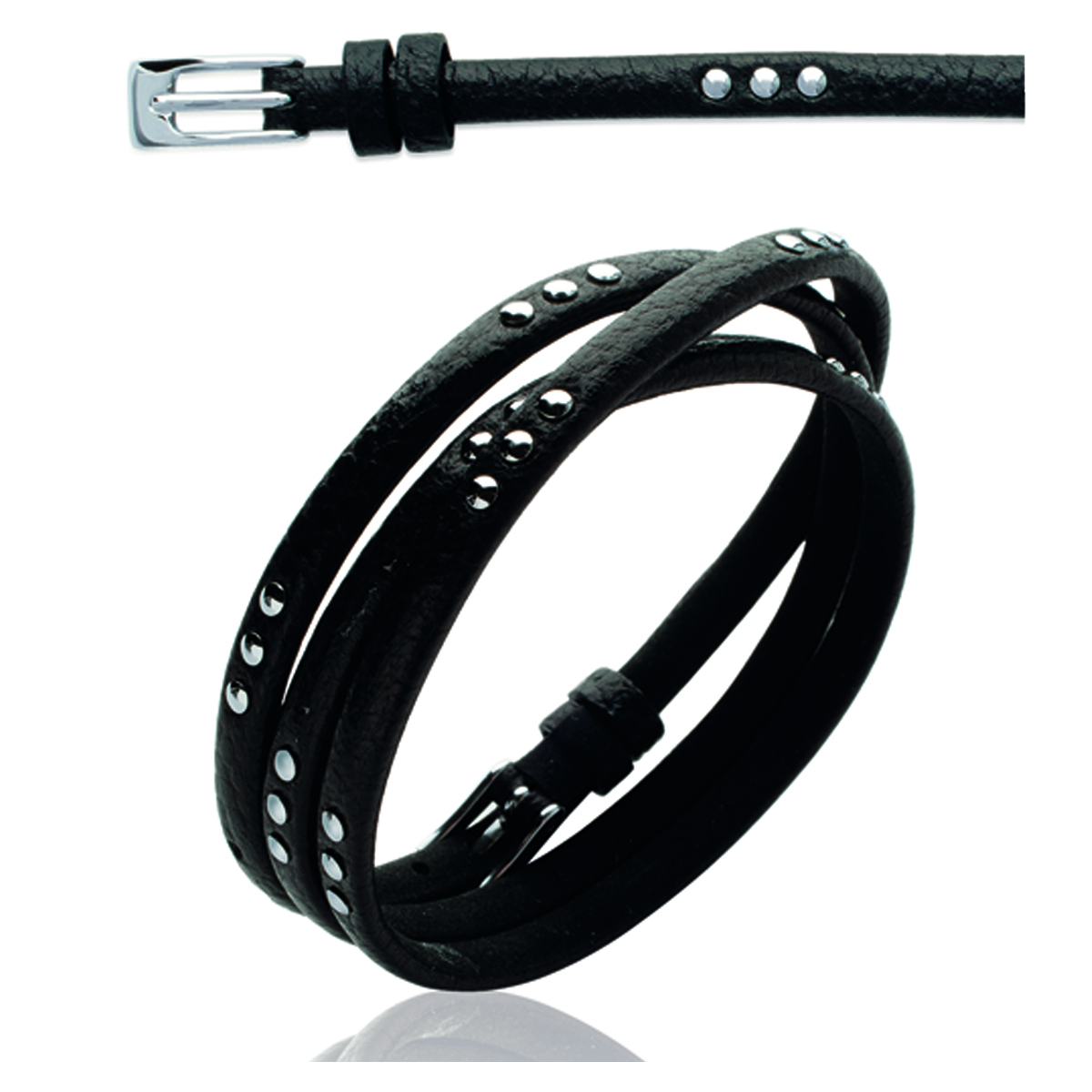 Bracelet acier cuir \'Peaceful\' noir argenté - 5 mm - [I8061]