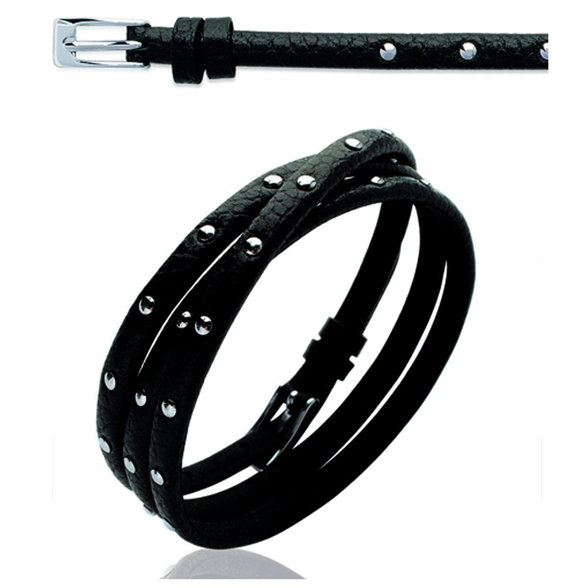 Bracelet acier cuir \'Peaceful\' noir argenté - 5 mm - [I8064]