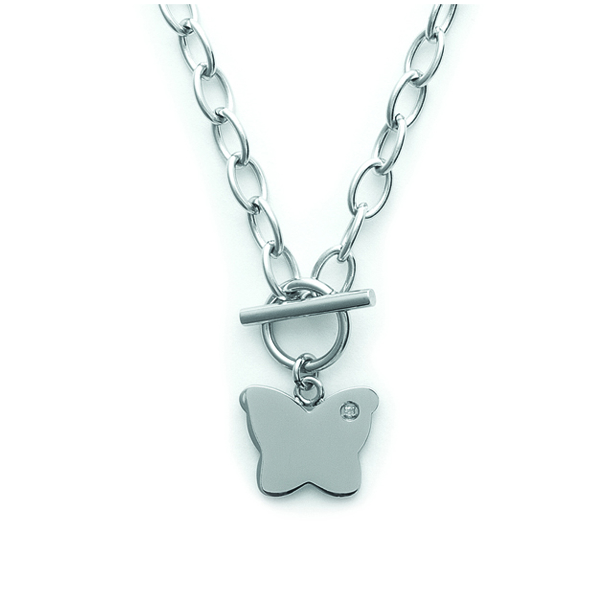 Collier acier \'Papillon\' blanc argenté - 20x18 mm - [J0998]