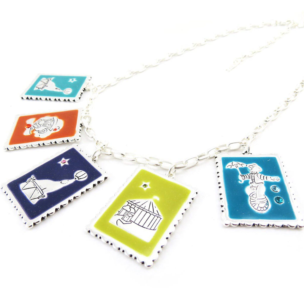 Collier sautoir créateur \'Circus\' bleu vert - [J2810]