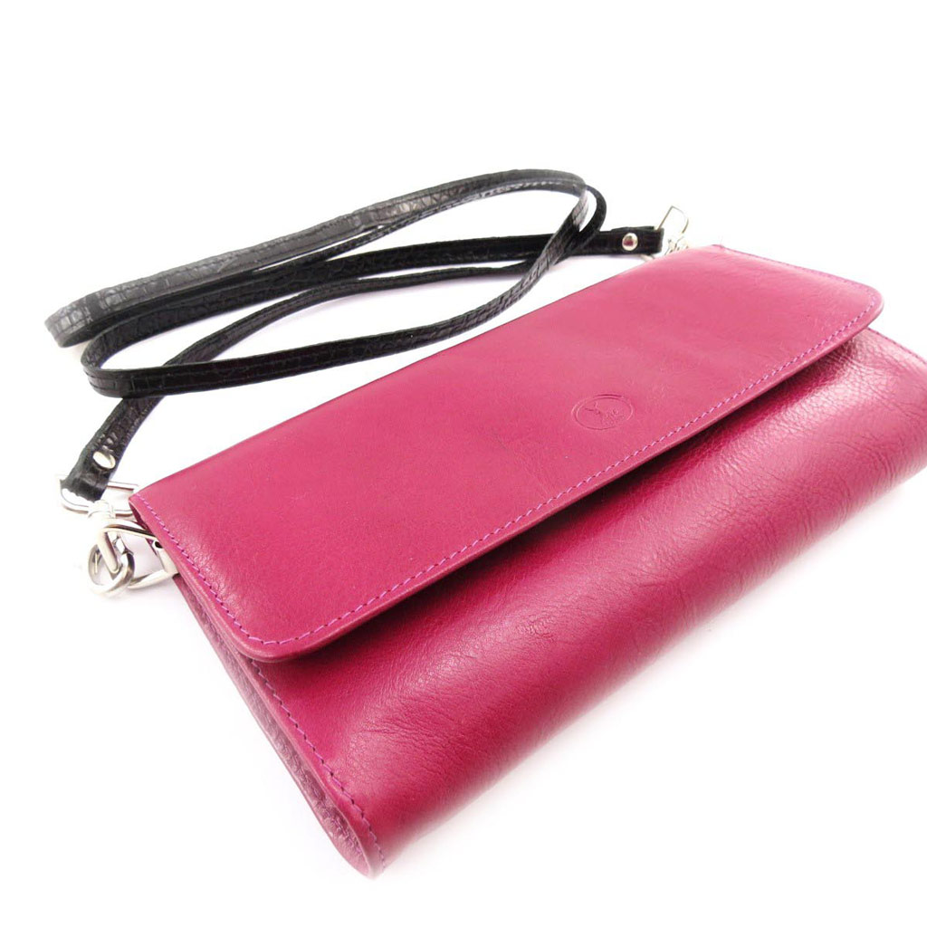 Sac pochette cuir \'Frandi\' fuschia noir (york / croco) (2 soufflets) - [J4262]