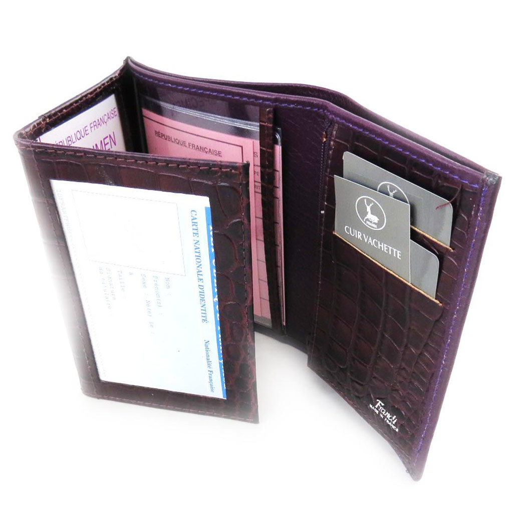 Portefeuille Cuir européen \'Frandi\' violet (york / croco) (3 volets) - [J4286]