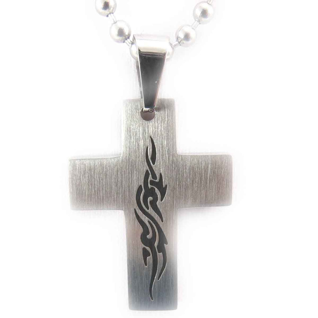 Collier acier \'Croix\' argenté  - [J8465]