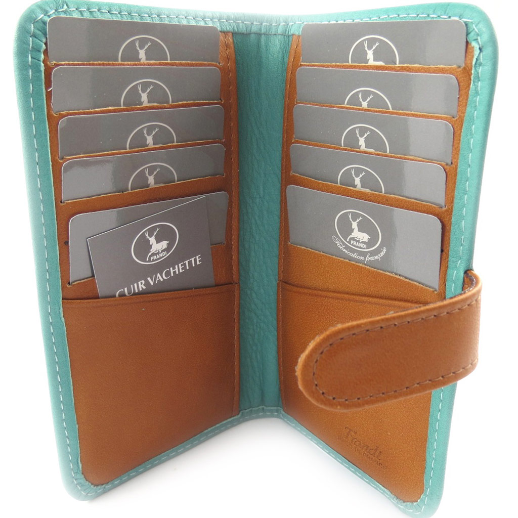 Porte-cartes Cuir \'Frandi\' turquoise camel - [K0550]