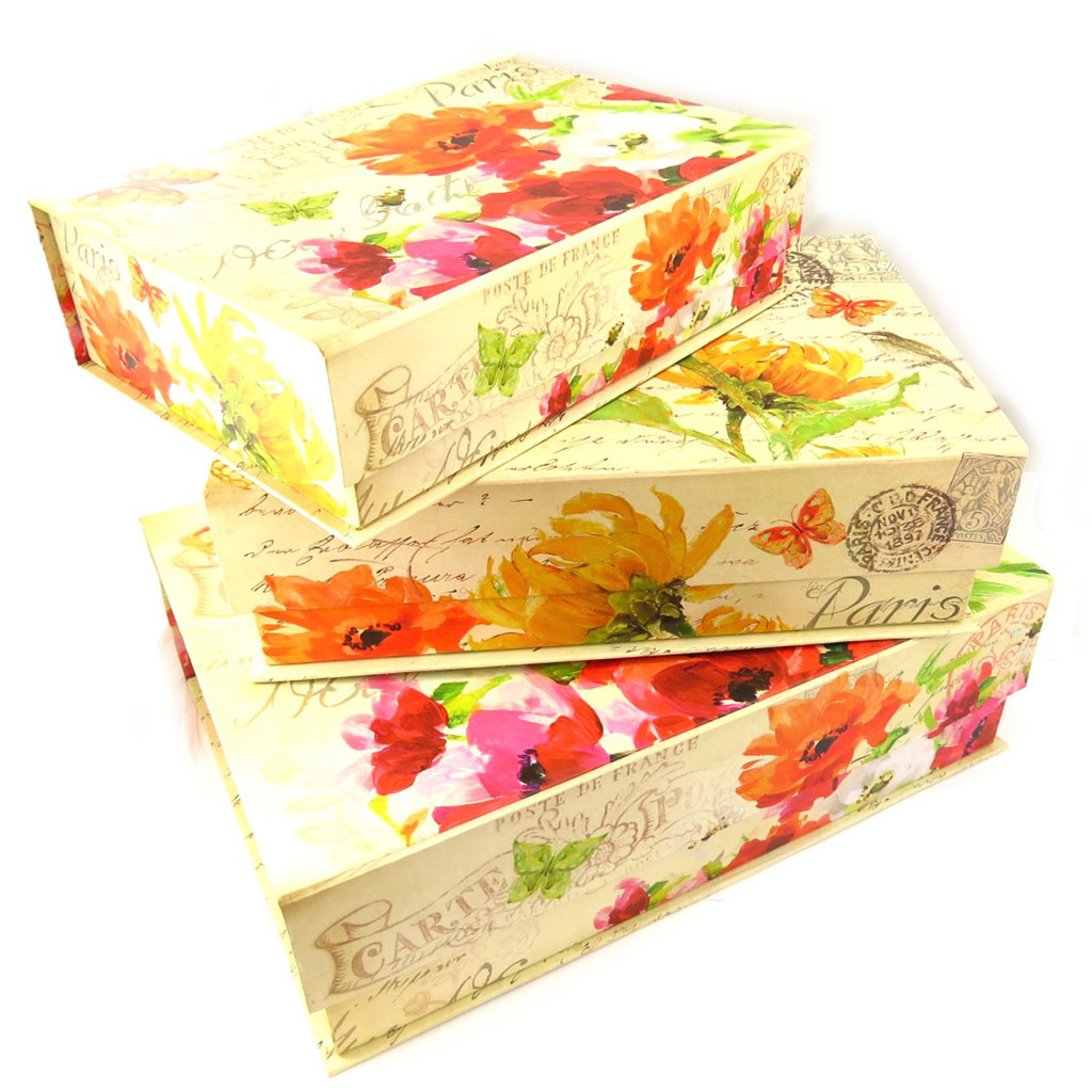 Set de 3 boîte à Souvenirs gigognes \'Jardin Botanique\' orange rose beige - [K5033]