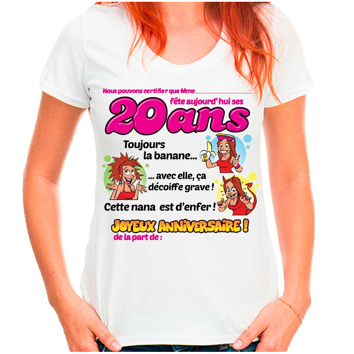 T-shirt coton \'20 ans\' blanc rose - femme (dédicace) - [K5829]