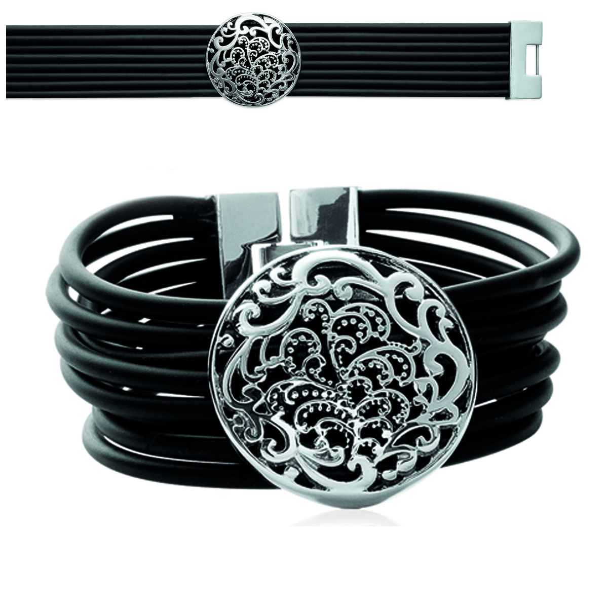 Bracelet acier silicone \'Carmen\' noir argenté - 25 mm, motif 33 mm - [L0470]