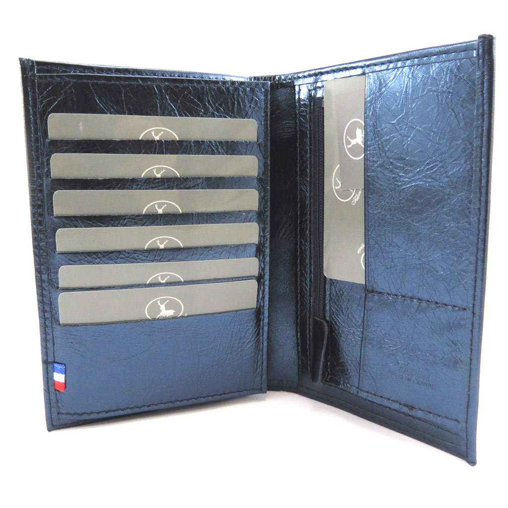 Portefeuille Cuir \'Frandi\' bleu foncé métal (cartes +) - [L5868]