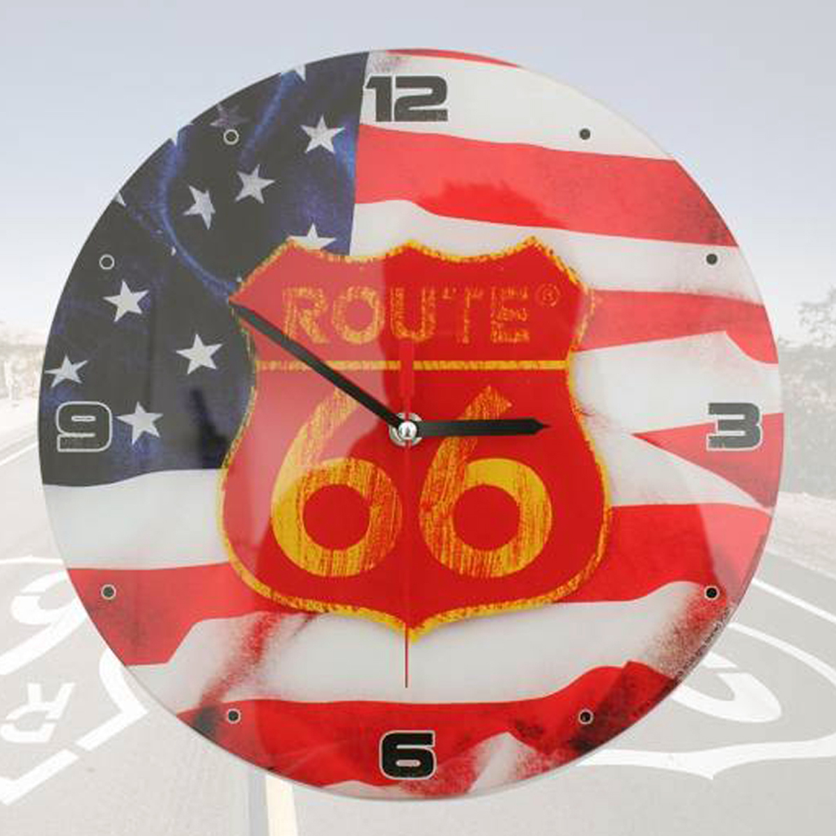 Horloge Murale verre \'Route 66\' drapeau US - 30 cm - [L5916]