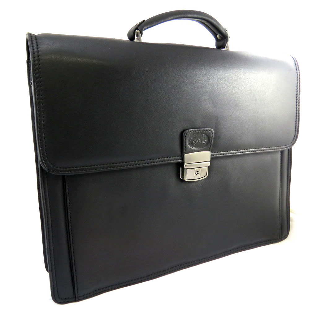 Serviette cuir \'Lafayette\' noir (2 soufflets) - 40x31x11 cm - [L8442]