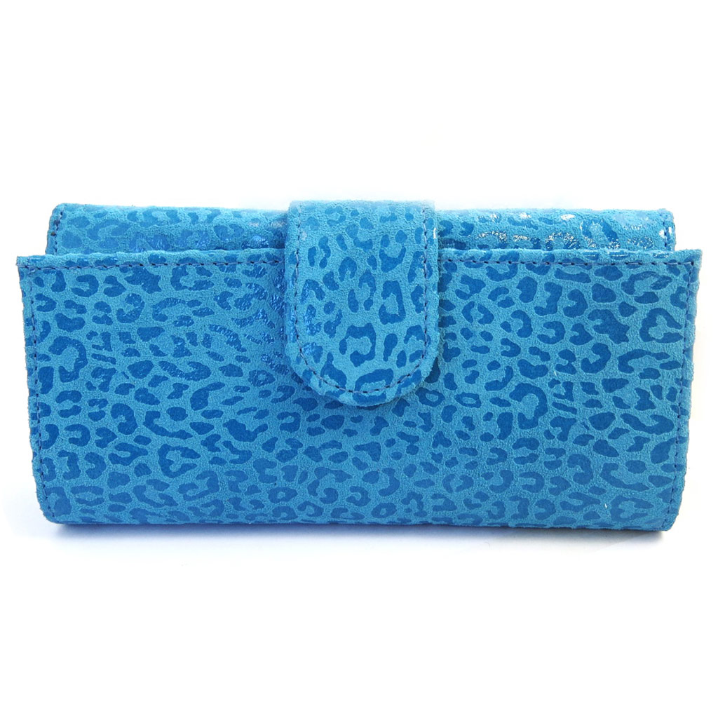 Grand porte-monnaie Cuir \'Frandi\' turquoise (léopard) - [M3483]
