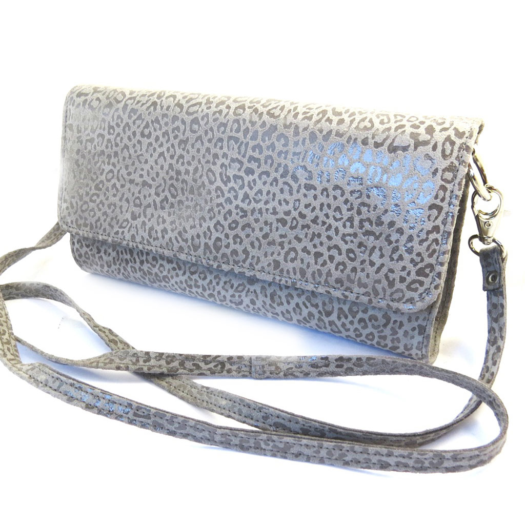 Sac pochette cuir \'Frandi\' gris graphite (2 soufflets) Léopard - [M3537]