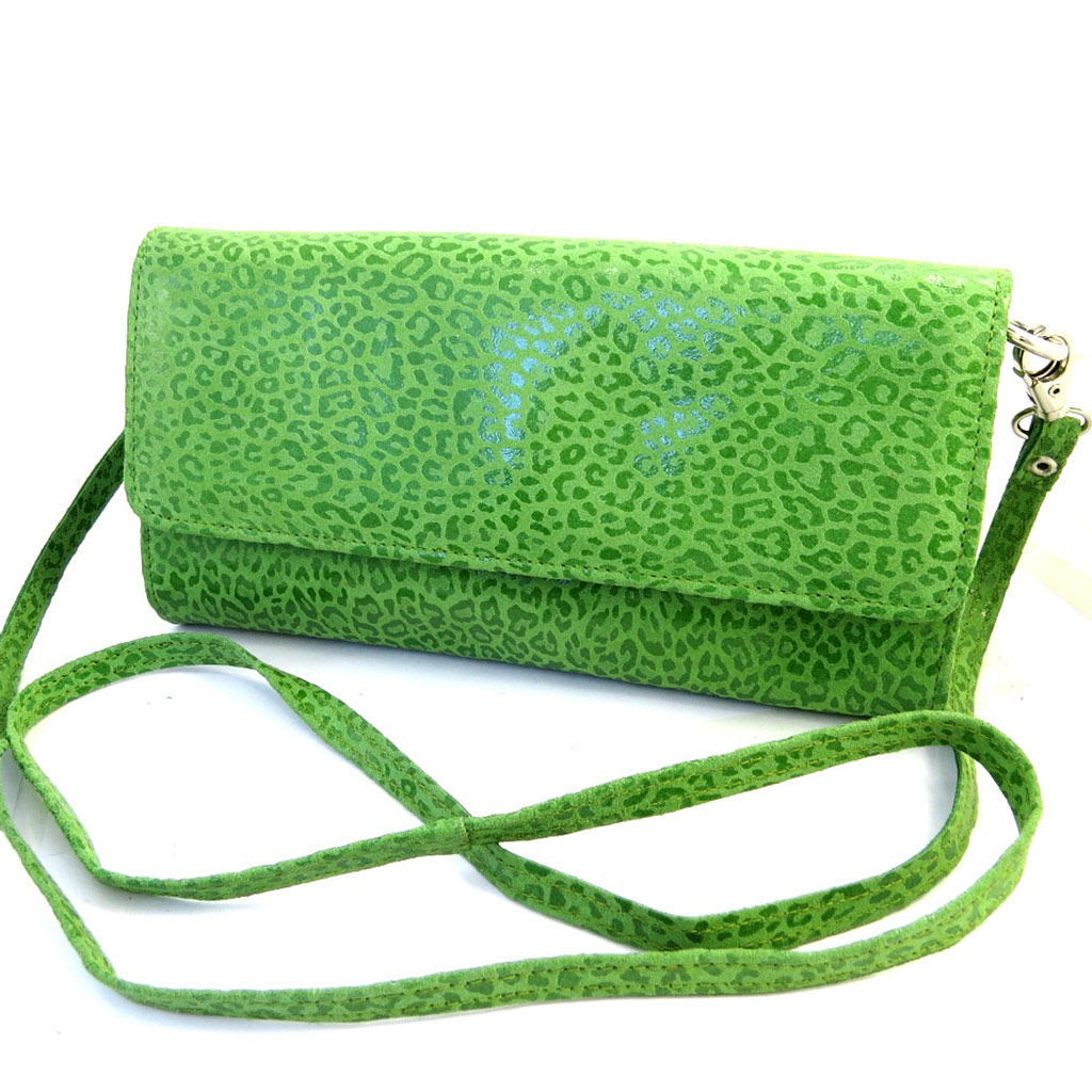 Sac pochette cuir \'Frandi\' vert pomme (2 soufflets) Léopard - [M3540]