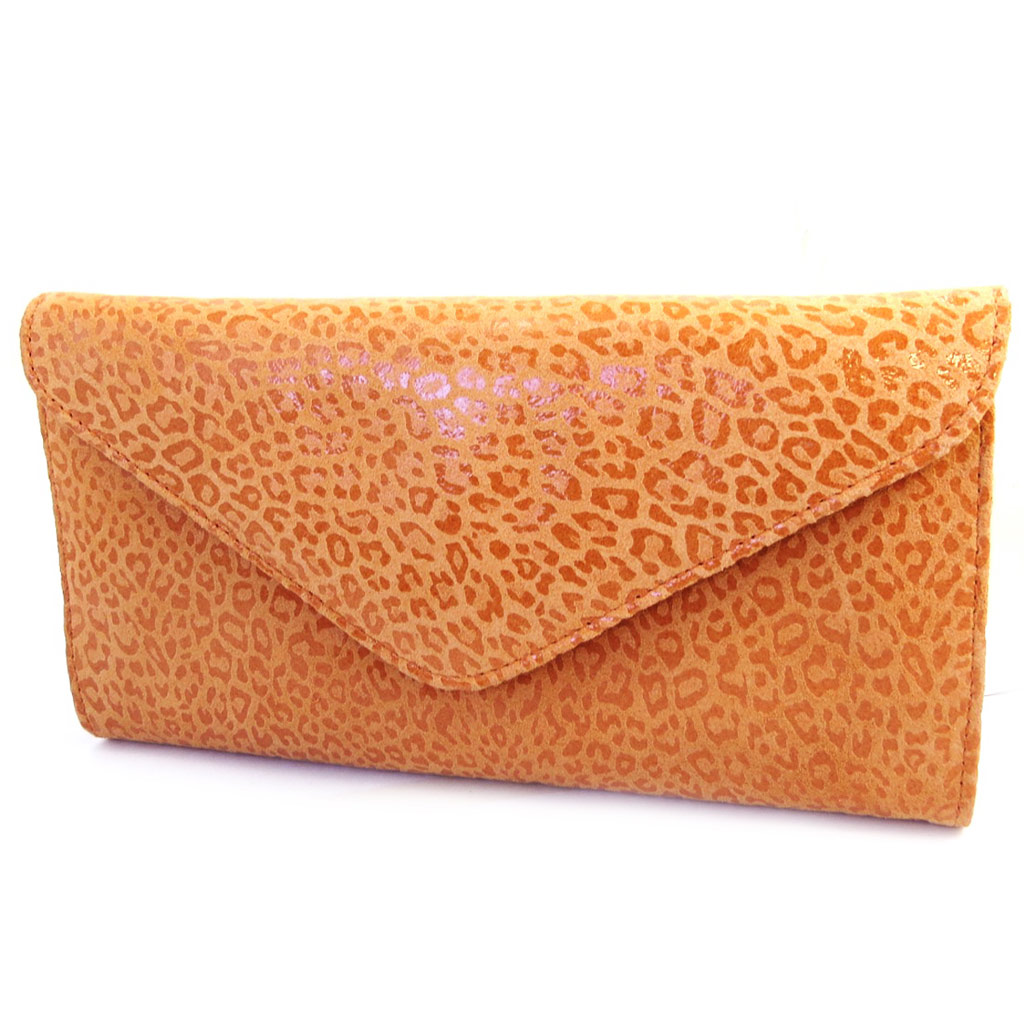 Sac pochette cuir \'Frandi\' orange (2 soufflets) Léopard - [M3584]