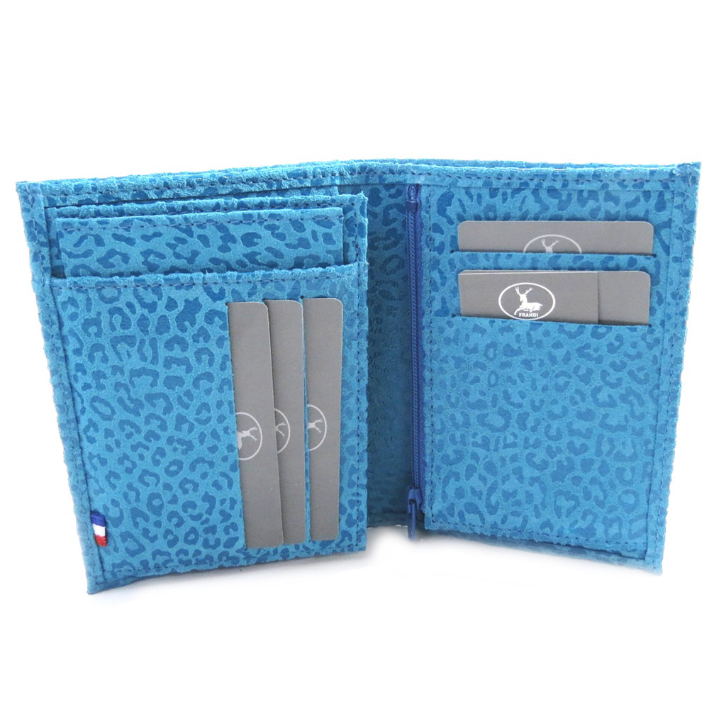 Portefeuille Cuir européen \'Frandi\' turquoise (léopard) - [M3609]