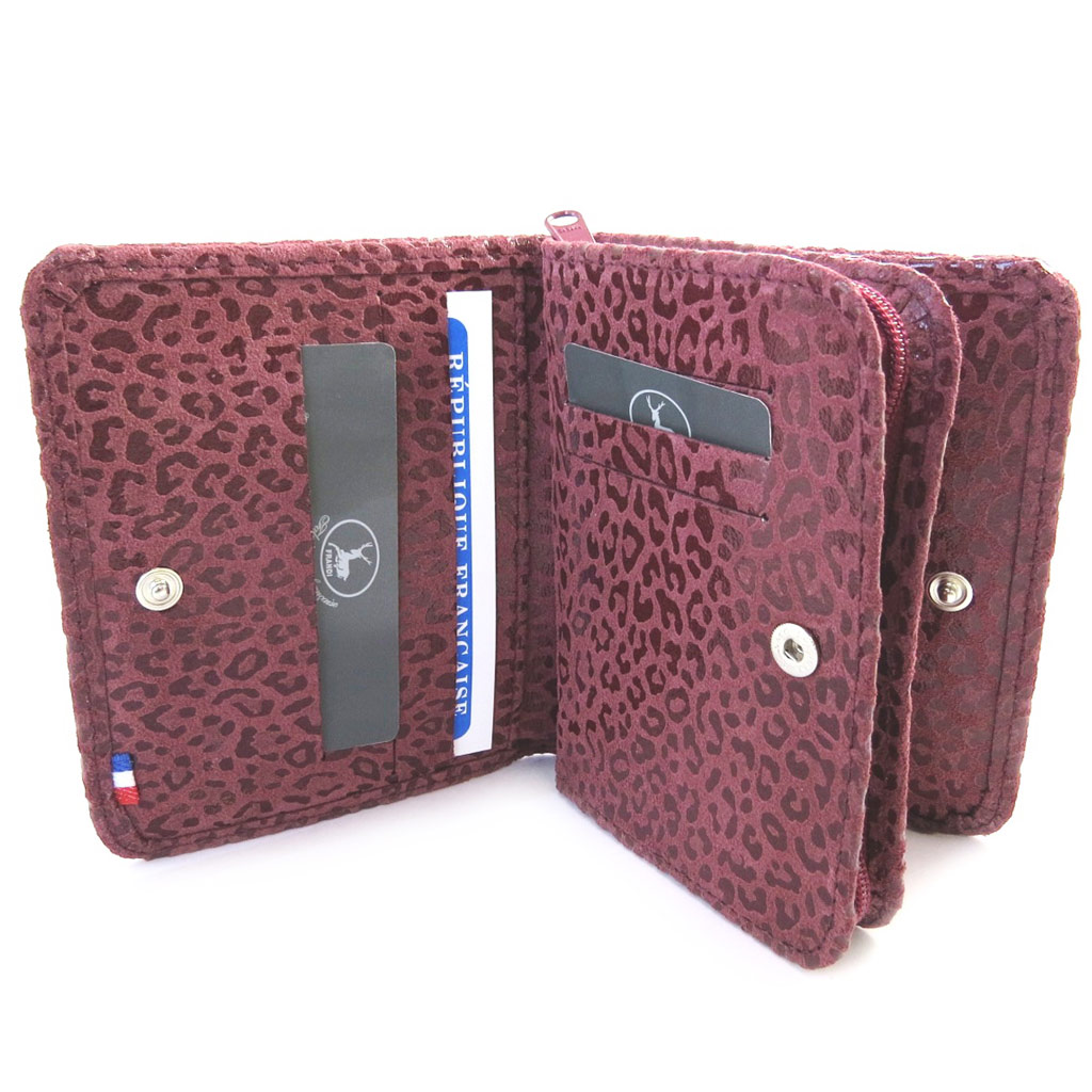 Portefeuille Cuir \'Frandi\' bordeaux (léopard) - [M3651]
