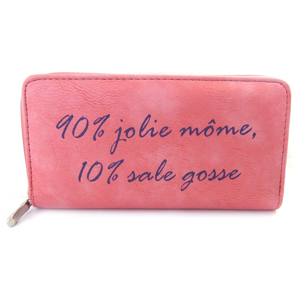 Grand porte-monnaie zippé \'90%  jolie môme, 10% sale gosse\' rose - [M5375]