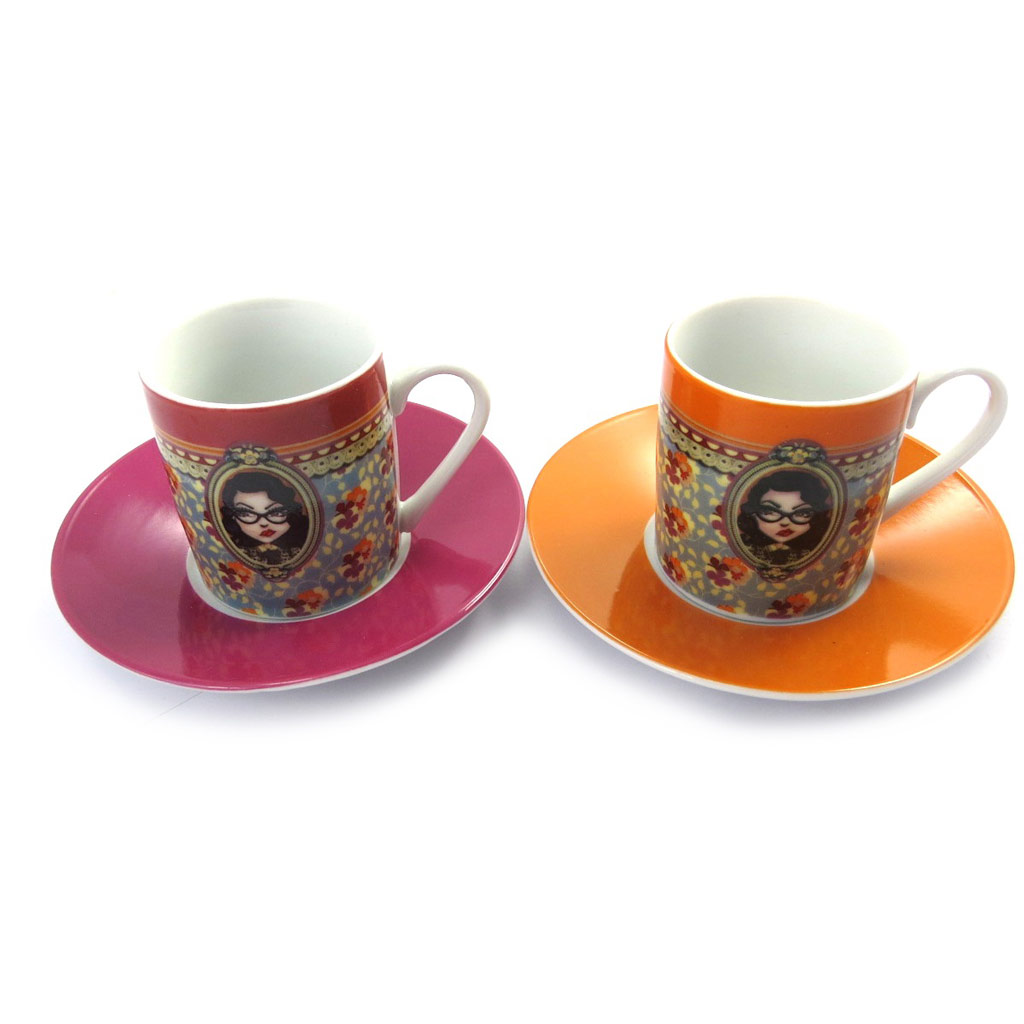 Coffret 2 tasses à café \'Lili Petrol\' rose orange (Jude) - 5x6 cm - [M6362]