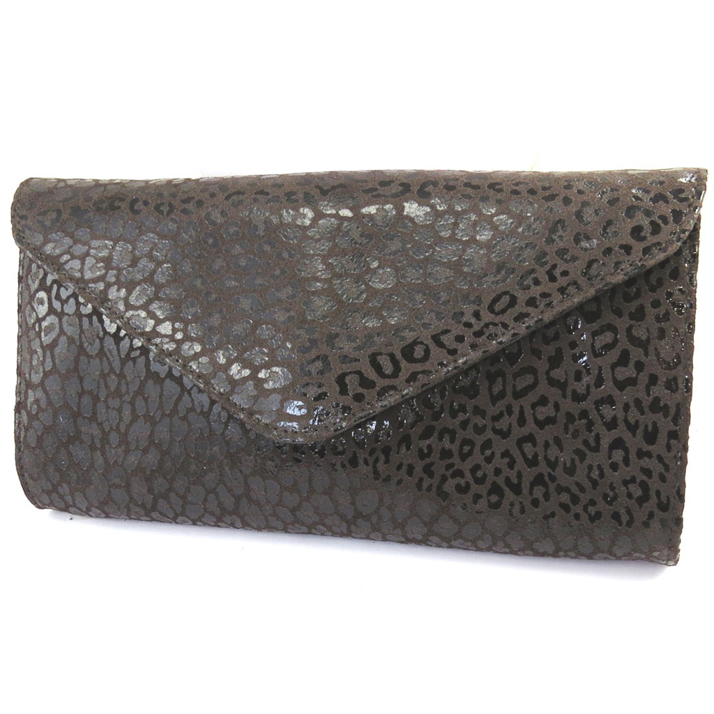 Sac pochette cuir \'Frandi\' marron foncé (2 soufflets) Léopard - [M7954]