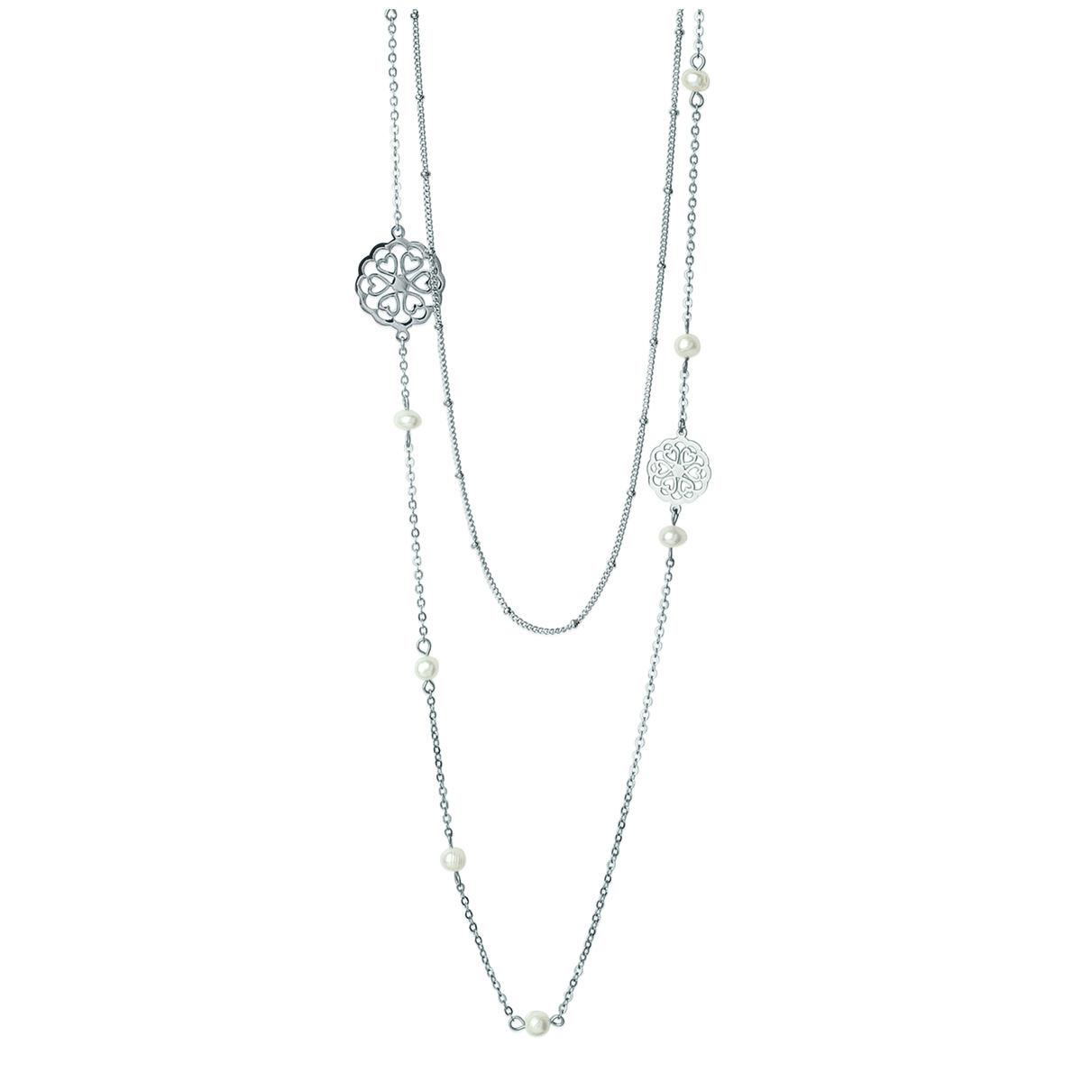 Collier sautoir acier \'Carmen\' blanc argenté (2 rangs) - 90 cm - [M8830]