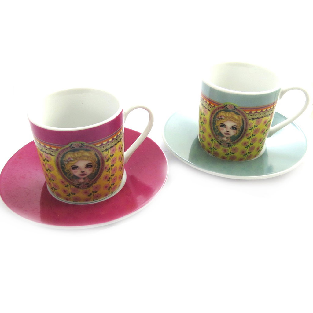 Coffret 2 tasses à café \'Lili Petrol\' rose vert (Chloé) - 5x6 cm - [M9874]