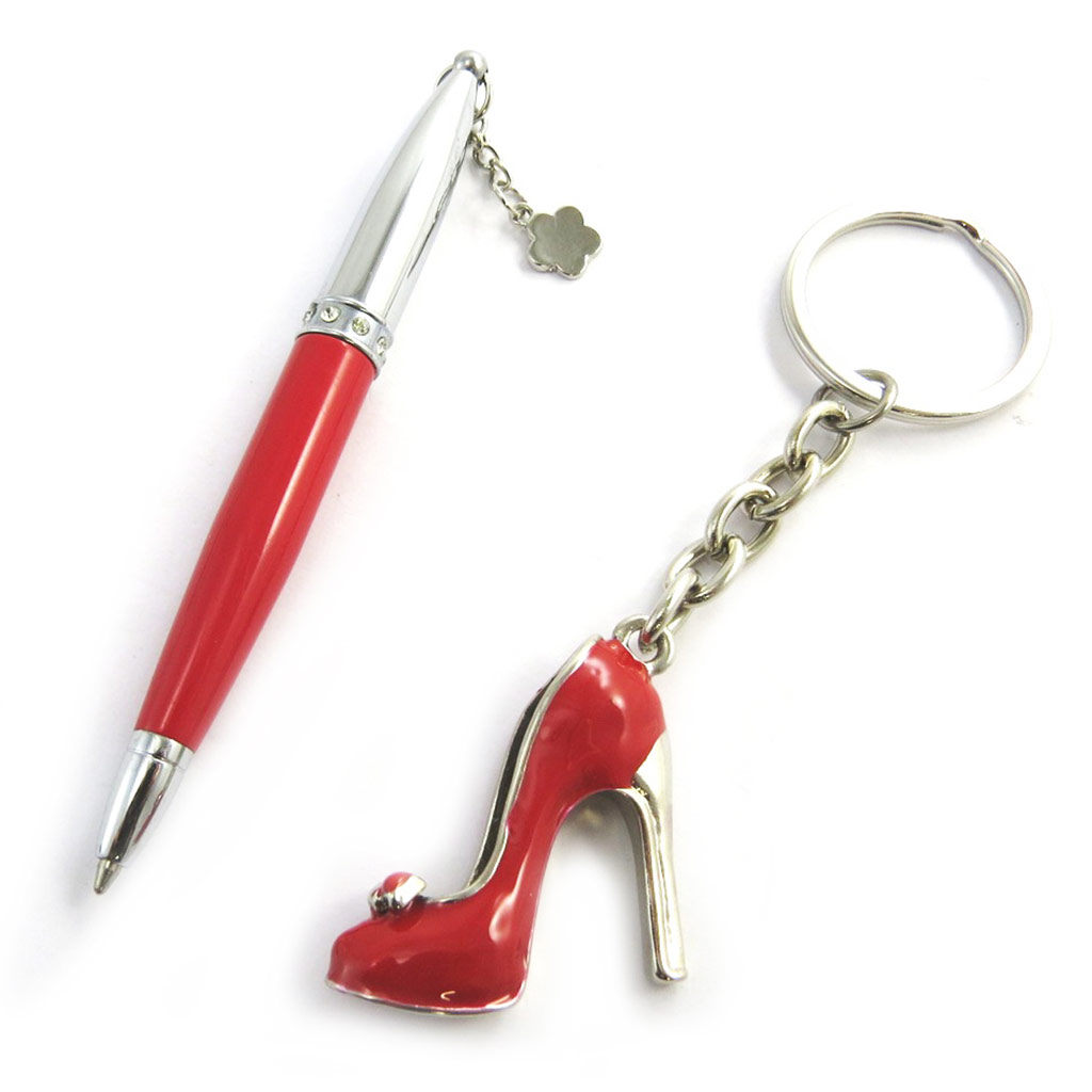 Coffret \'Sissi\' rouge chrome (stylo + porte-clés) - [N0857]