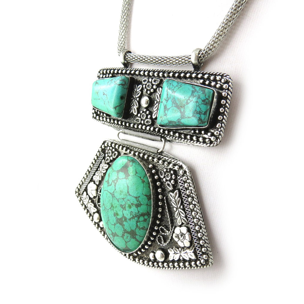 Collier créateur \'Kilimanjaro\' turquoise argenté - [N0977]