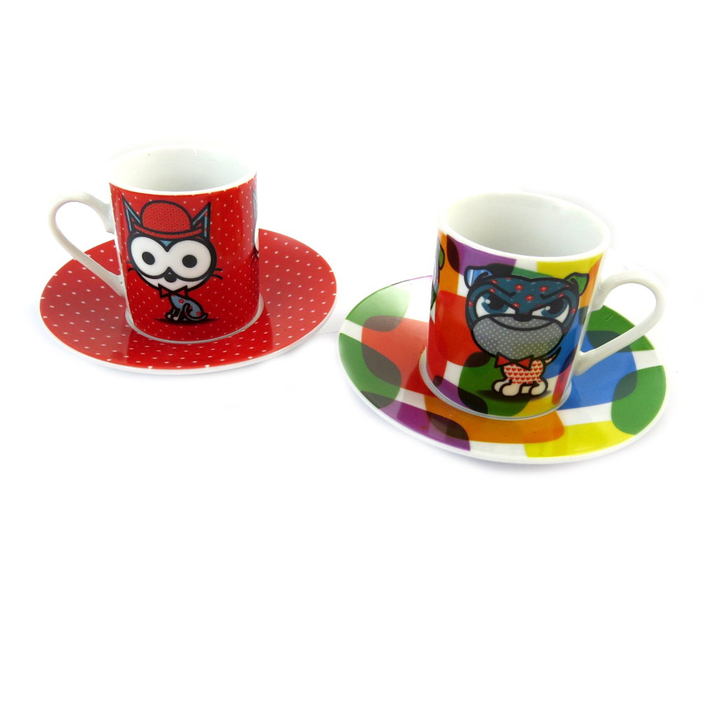 Coffret 2 tasses à café porcelaine \'Chien et Chat Lolita\' roue multicolore - 5x6 cm - [N5822]