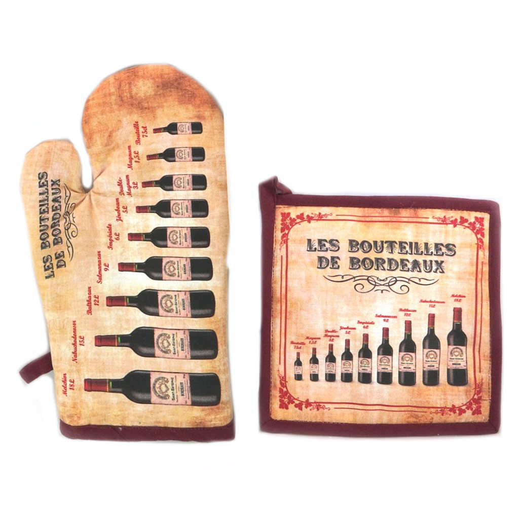 Set de gant + manique \'Les Bouteilles de Bordeaux\' marron - [N7962]
