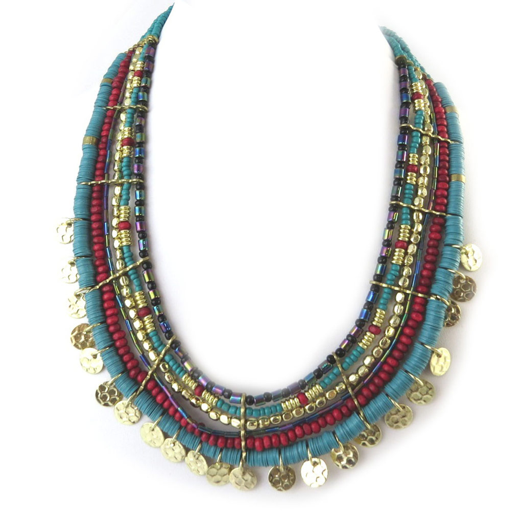 Collier créateur \'Altaï\' rouge turquoise doré - [N8140]
