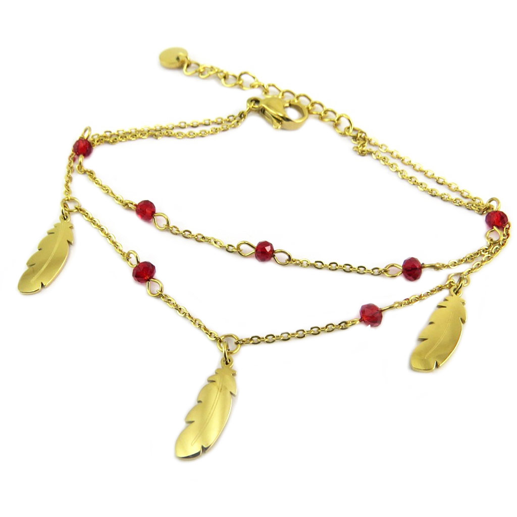 Bracelet créateur Acier \'Boho\' rouge doré (plume) - 12x4 mm - [P7929]