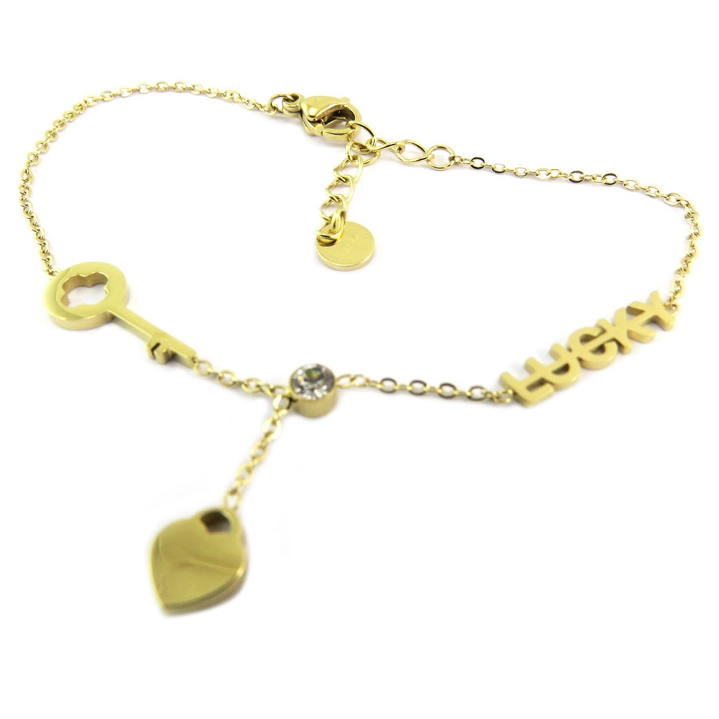 Bracelet créateur Acier \'Love\' doré (lucky) - coeur 6 mm et clé 15x6 mm - [P7954]