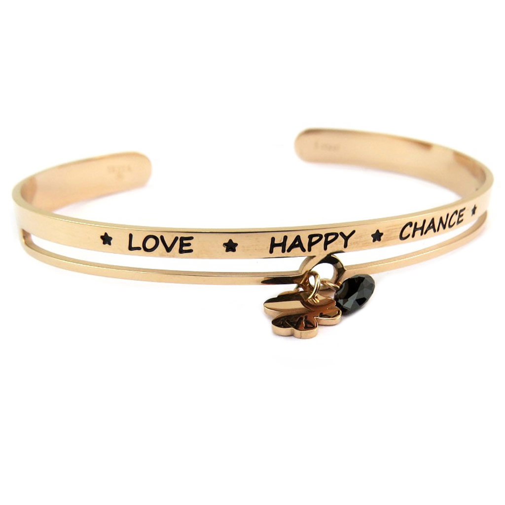 Bracelet créateur Acier \'Messages\' doré rosé (Love Happy Chance) - 65 mm 6 mm, trèfle 8 mm - [P7980]