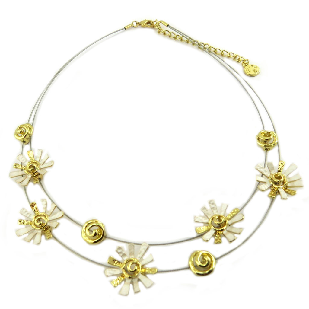 Collier Créateur \'Acapulco\' beige doré - fleurs 2 cm - [P8429]