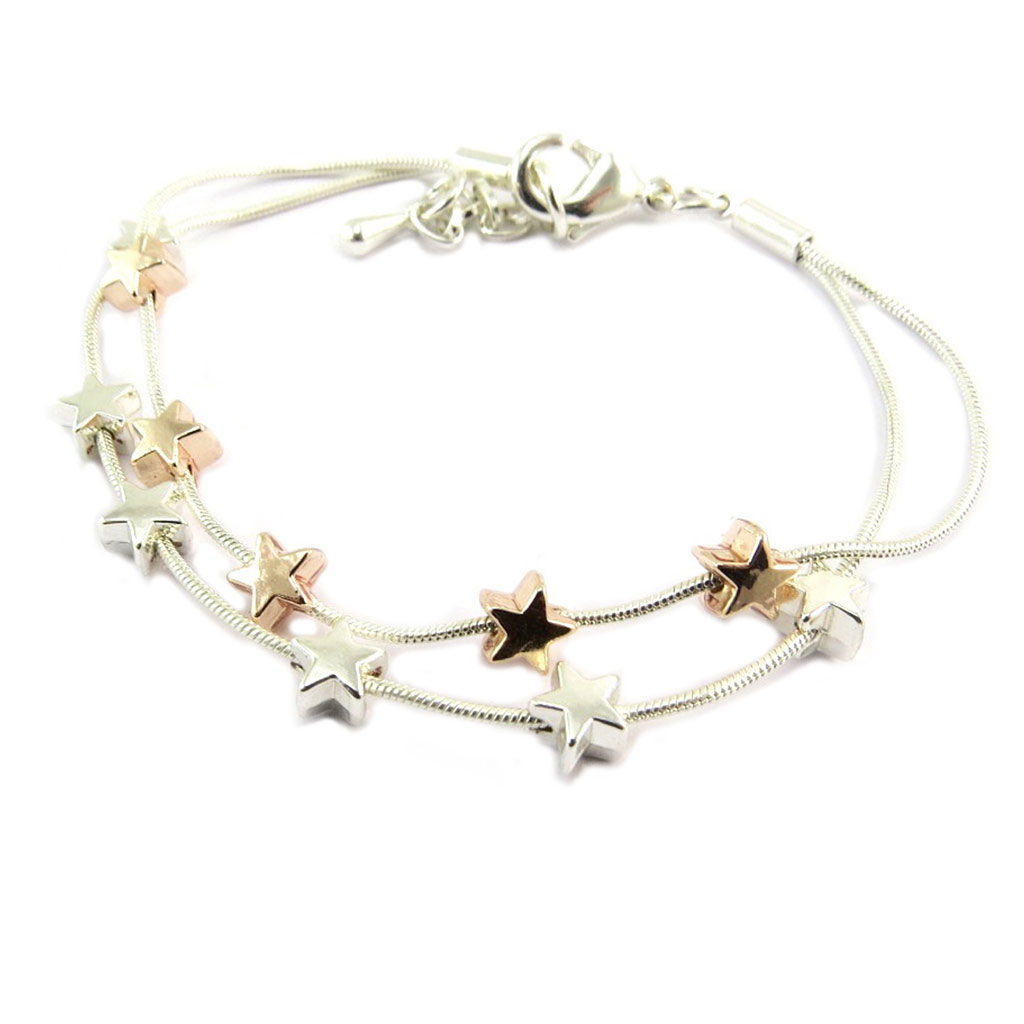 Bracelet créateur \'Une Etoile est Née\' doré rosé argenté - 2 rangs, 6x6 mm - [P8459]