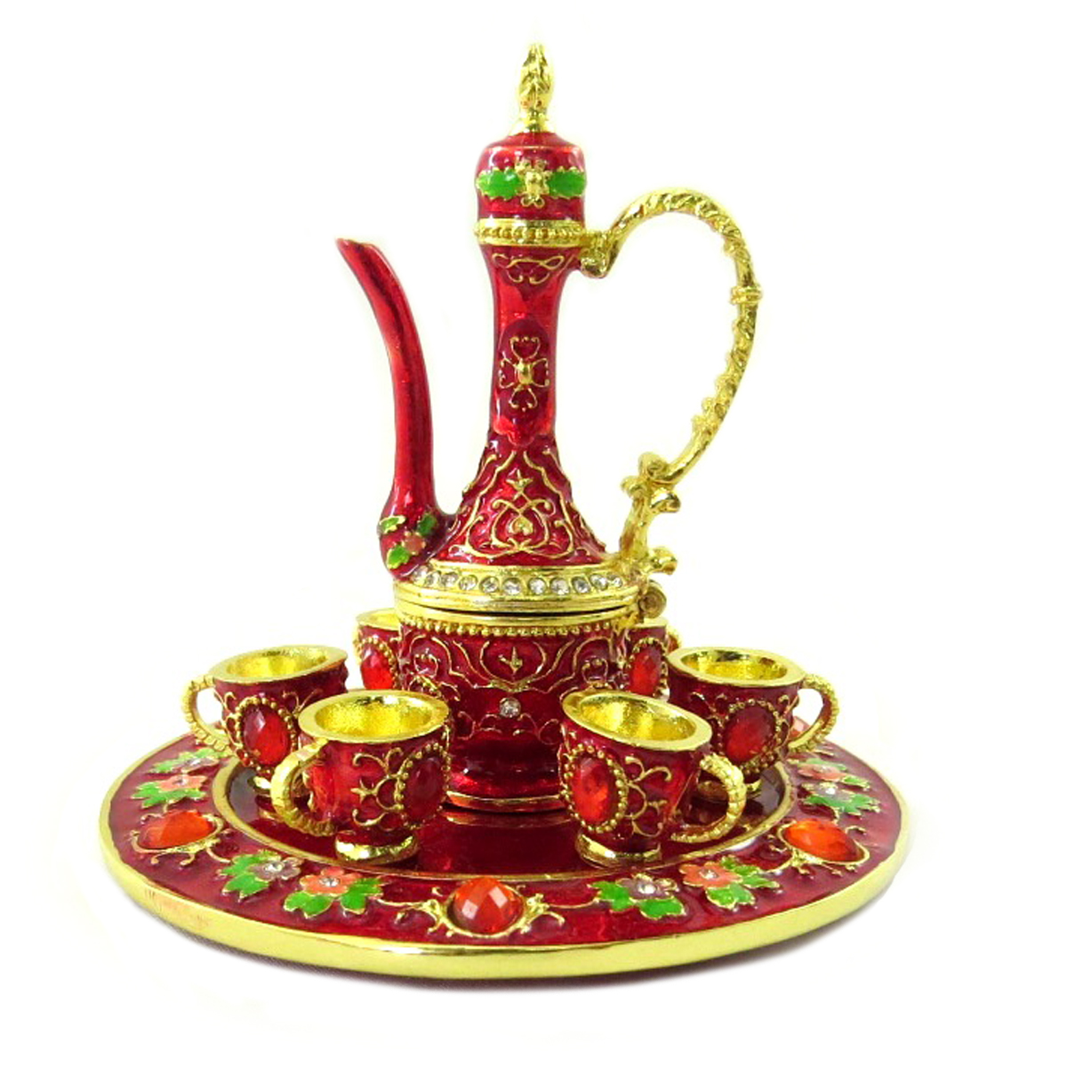Coffret à Bijoux \'Service à Thé\' rouge doré - 65x40 mm - [P9436]