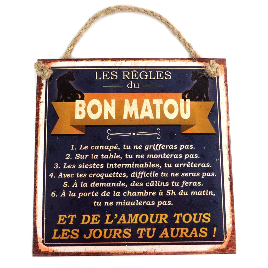 Plaque métal \'Les Règles du Bon Matou\' noir marron - 20x20 cm - [P9485]