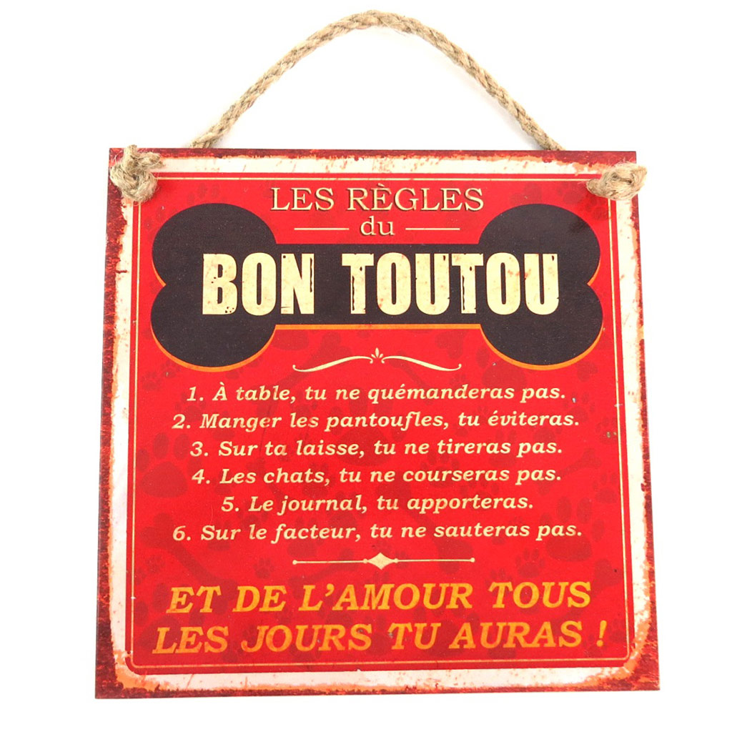 Plaque métal \'Les Règles du Bon Toutou\' rouge - 20x20 cm - [P9487]