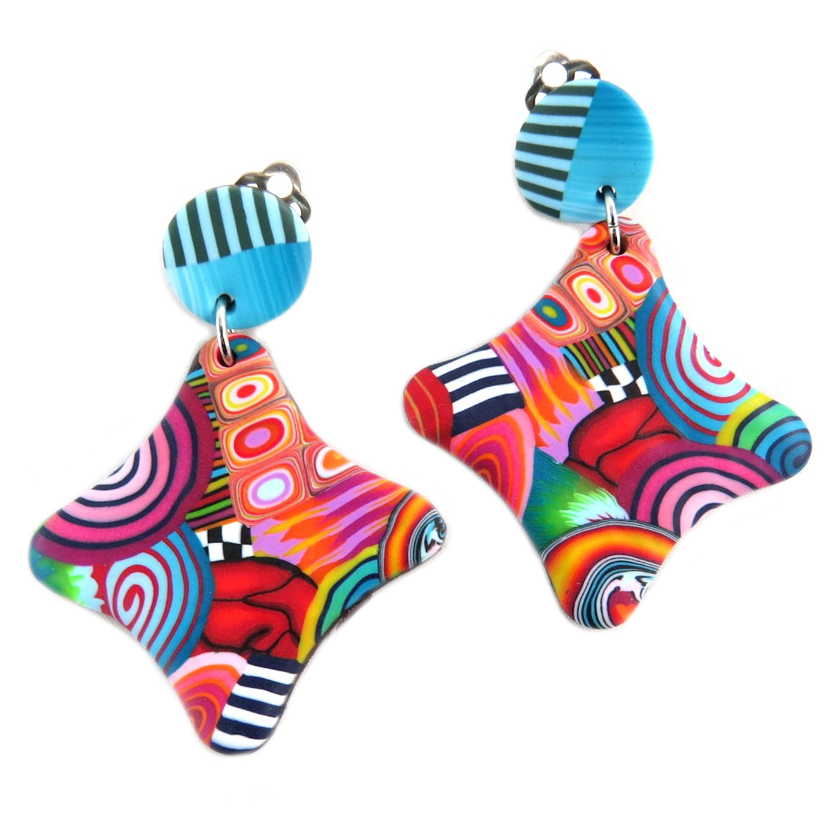 Boucles d\'oreilles clips artisanales \'Colombine & Arlequin\' multicolore - 45x45 mm - [P9821]