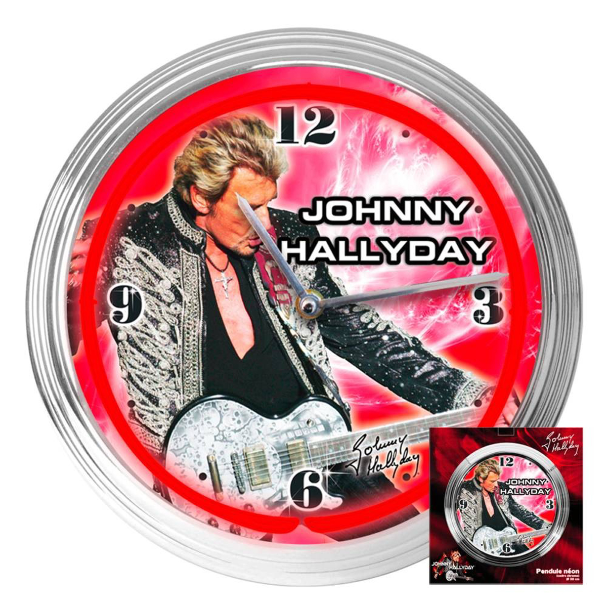 Horloge Murale Néon \'Johnny Hallyday\' rouge argenté  - 37x7 cm - [P9991]