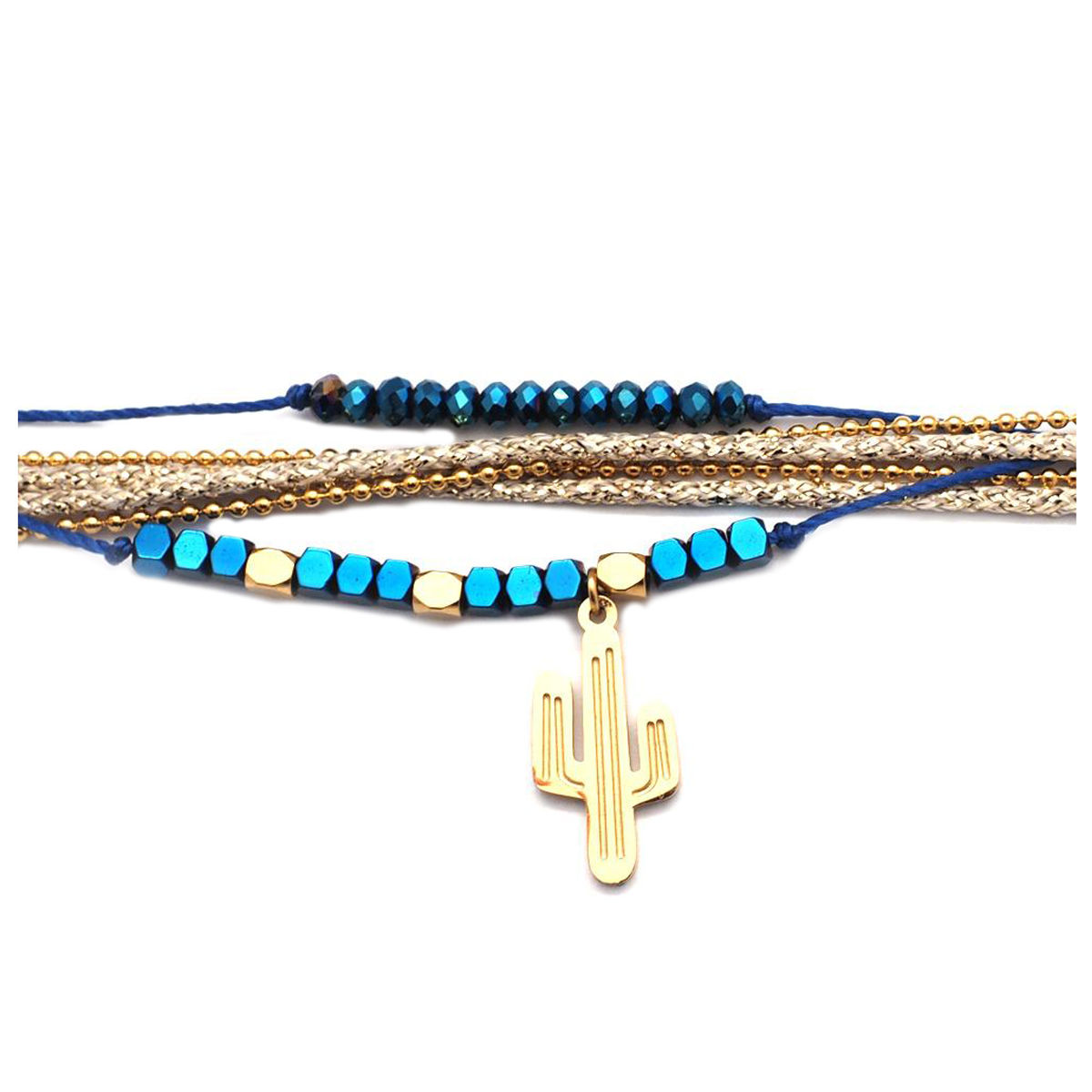 Bracelet créateur Acier \'Cactus\' bleu doré - 2 tours, 17x8 mm - [Q1253]