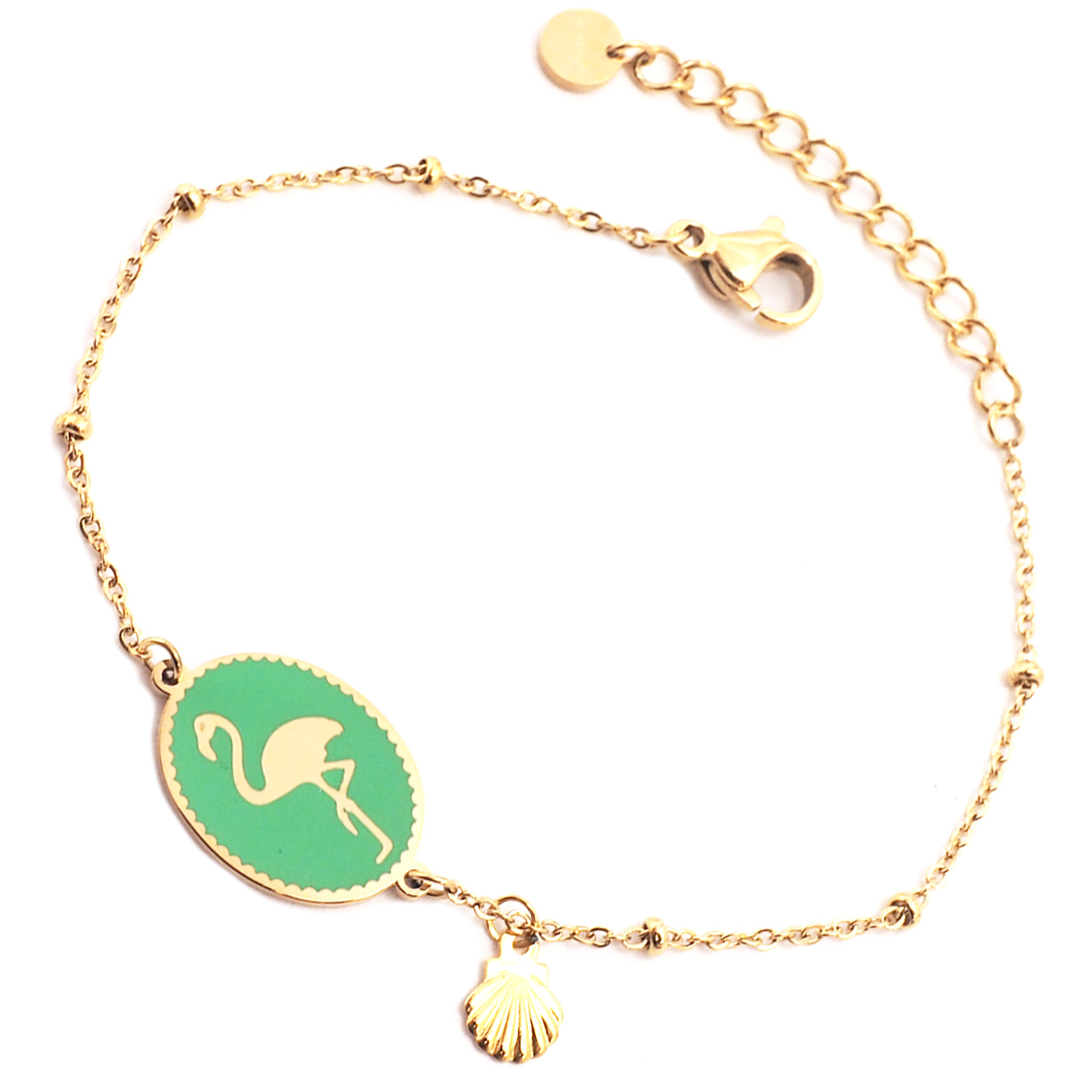 Bracelet créateur Acier \'Flamant Rose\' vert doré - 15x12 mm - [Q2492]