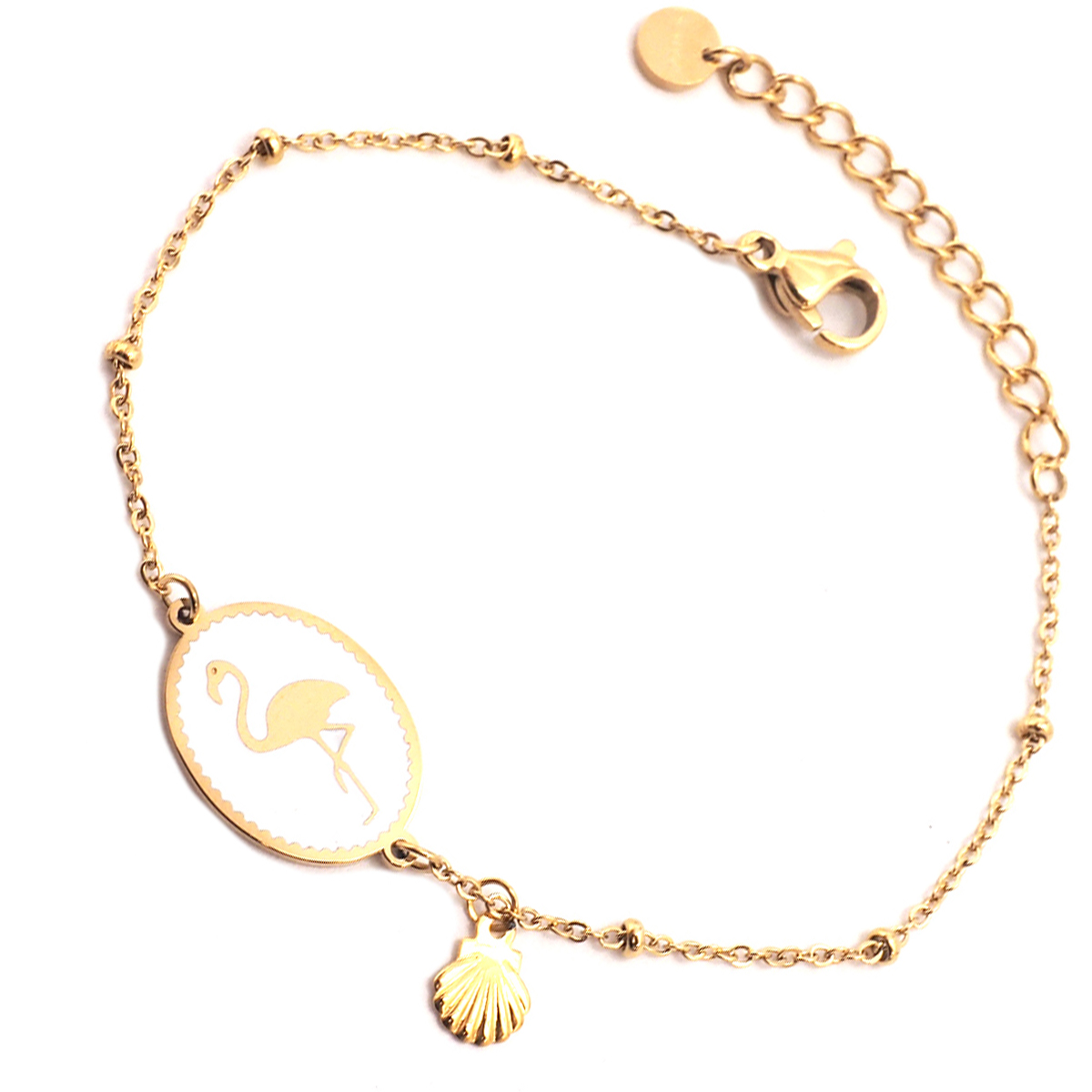 Bracelet créateur Acier \'Flamant Rose\' blanc doré - 15x12 mm - [Q2493]
