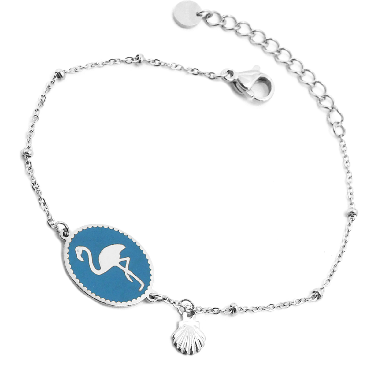 Bracelet créateur Acier \'Flamant Rose\' turquoise argenté - 15x12 mm - [Q2495]